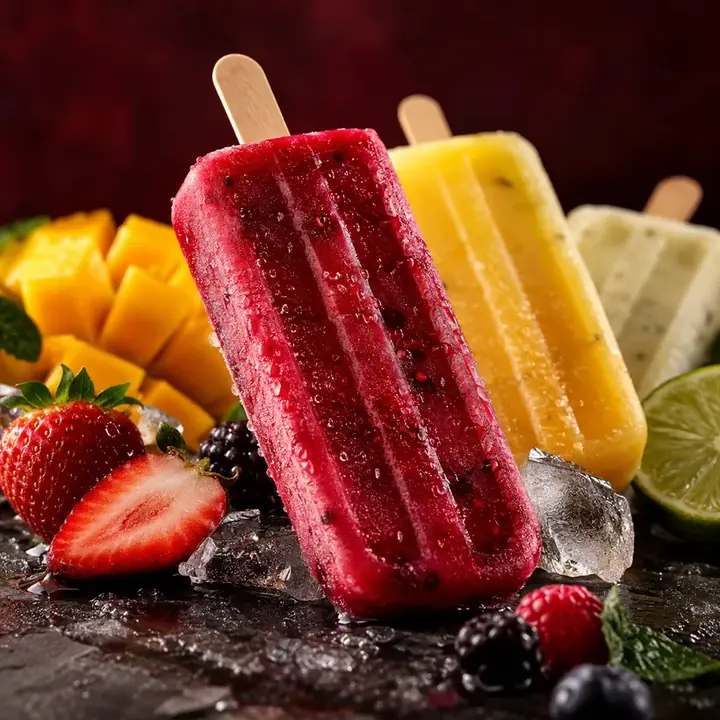 Picolés de frutas sobre gelo