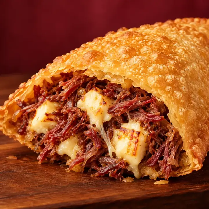 Pastel do Ceará aberto, com carne seca e queijo coalho