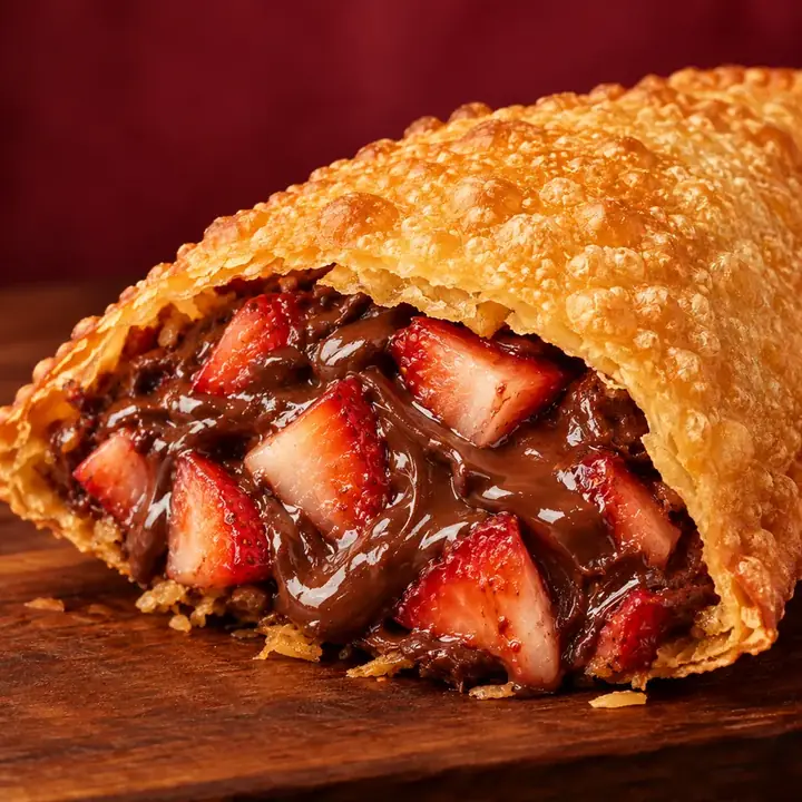 Pastel aberto com recheio de chocolate + morango